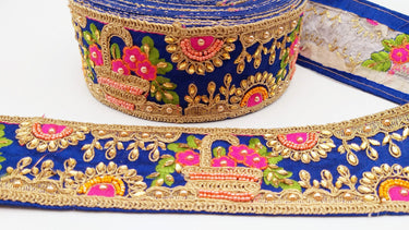 Royal Blue Art Silk Fabric Trim With Green, Orange, Pink And Gold Floral Embroidery